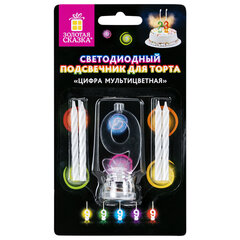 Цифра-подсвечник &laquo;9&raquo; светодиодная, ЗОЛОТАЯ СКАЗКА, в наборе 4 свечи 6 см, 1 батарейка, 591432