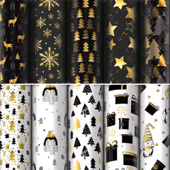 Бумага упаковочная подарочная новогодняя &laquo;Black.Gold.White&raquo;, 70&times;100 см, 10 дизайнов ассорти, ЗОЛОТАЯ СКАЗКА, 592052