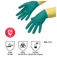 Перчатки VILEDA PROFESSIONAL латекс-неопреновые МНОГОРАЗОВЫЕ х/<wbr/>б напыление СВЕРХПРОЧНЫЕ, размер M (средний), зеленые/<wbr/>желтые, 174305