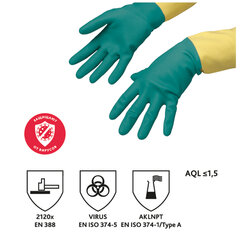 Перчатки VILEDA PROFESSIONAL латекс-неопреновые МНОГОРАЗОВЫЕ х/<wbr/>б напыление, СВЕРХПРОЧНЫЕ, размер L (большой), зеленые/<wbr/>желтые, 174307