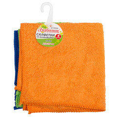 Салфетки из МИКРОФИБРЫ 25&times;25 см, КОМПЛЕКТ 4 шт. (2 стандарт, 2 клетка), 180 г/<wbr/>м<sup>2</sup>, ЛЮБАША, 603936