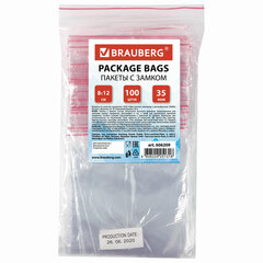 Пакеты с замком ZIP LOCK &laquo;зиплок&raquo;, комплект 100 шт., 80&times;120 мм, ПВД, толщина 35 микрон, BRAUBERG, 606209