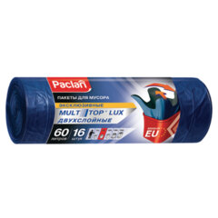 Мешки для мусора 60 л, с ушками, синие, рулон 16 шт., ПВД, 30 мкм, 60&times;75 см, PACLAN &laquo;Multitop Lux&raquo;