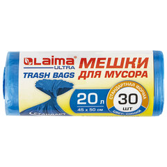 Мешки для мусора LAIMA &laquo;ULTRA&raquo; 20 л синие, в рулоне 30 шт. прочные, ПНД 10 мкм, 45&times;50 см, 607682