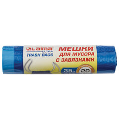 Мешки для мусора с завязками LAIMA &laquo;ULTRA&raquo; 35 л, синие, рулон 20 шт., особо прочные, ПВД 22 мкм, 50&times;60 см, 607689