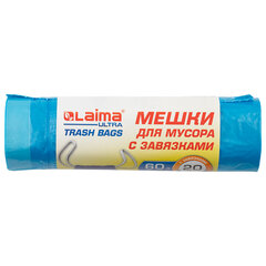 Мешки для мусора с завязками LAIMA &laquo;ULTRA&raquo; 60 л, синие, рулон 20 шт., прочные, ПНД 18 мкм, 60&times;70 см, 607692