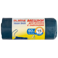 Мешки для мусора с завязками LAIMA &laquo;ULTRA&raquo;, 60 л, синие, рулон 15 шт., особо прочные, ПСД 30 мкм, 60&times;70 см, 607696