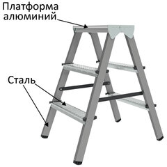 Стремянка стальная двухсторонняя 2&times;3 ступени, высота площадки 0,66м, алюминиевая площадка 35&times;16см, до 150кг, вес 4,2кг НОВАЯ ВЫСОТА, 1160203