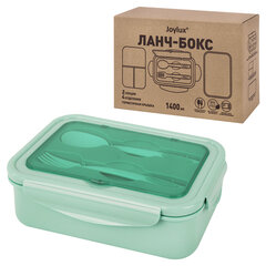 Ланч-бокс контейнер, 2 секции, 3+1 отделение, 1,4 л, ложка, вилка, 7&times;21&times;14 см, мятный, JOYLUX (ДЖОЙЛЮКС), 609347
