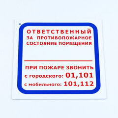 Знак &laquo;Ответственный за противопожарное состояние помещения&raquo;, КОМПЛЕКТ 3 шт., 200&times;200&times;2 мм, пластик, F16