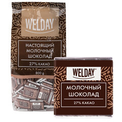 Шоколад порционный высшего качества WELDAY (ВЭЛДЭЙ) &laquo;Молочный 27%&raquo;, 800 г (160 плиток по 5 г), пакет
