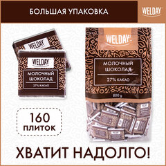Шоколад порционный высшего качества WELDAY (ВЭЛДЭЙ) &laquo;Молочный 27%&raquo;, 800 г (160 плиток по 5 г), пакет