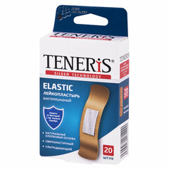 Набор пластырей 20 шт. TENERIS ELASTIC, эластичный, на тканевой основе, бактерицидный с ионами серебра, коробка с европодвесом