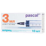 Шприц 3-х компонентный PASCAL, 3 мл, КОМПЛЕКТ 10 шт., в коробке, игла 0,7х40 - 22G