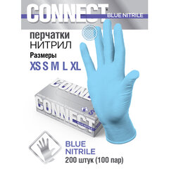 Перчатки нитриловые смотровые 100 пар (200 штук), размер 8-9, L (большой), голубые CONNECT