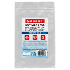 Пакеты дой-пак с замком ZIP LOCK, прозрачные, 120&times;200 + 40 мм, КОМПЛЕКТ 100 штук, 70 мкм, BRAUBERG, 700696